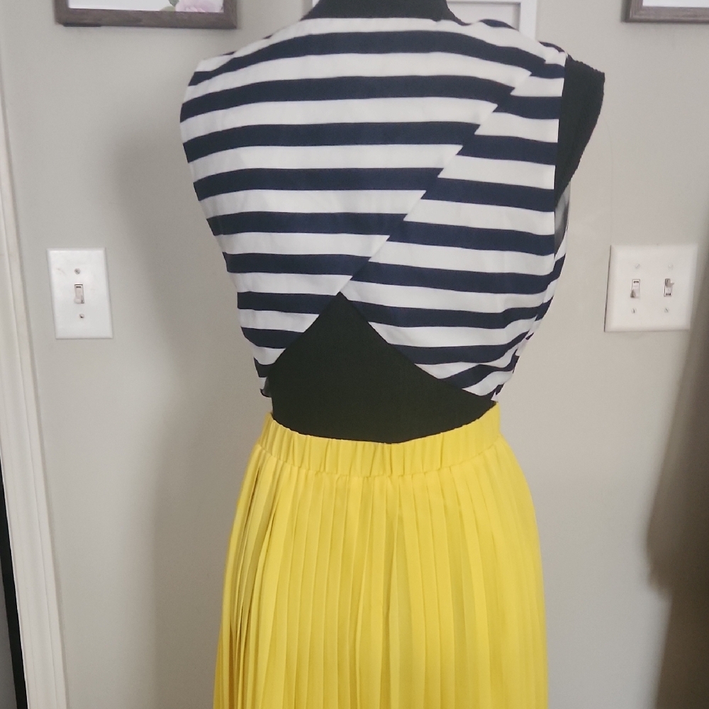 Striped Navy, White and Yellow Dress